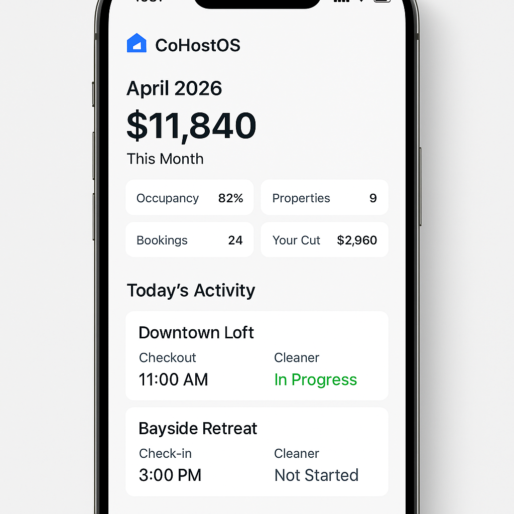 CoHostOS Dashboard — earnings, occupancy, today's activity